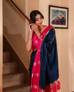 Navy Blue Magenta Border Soft Silk Saree