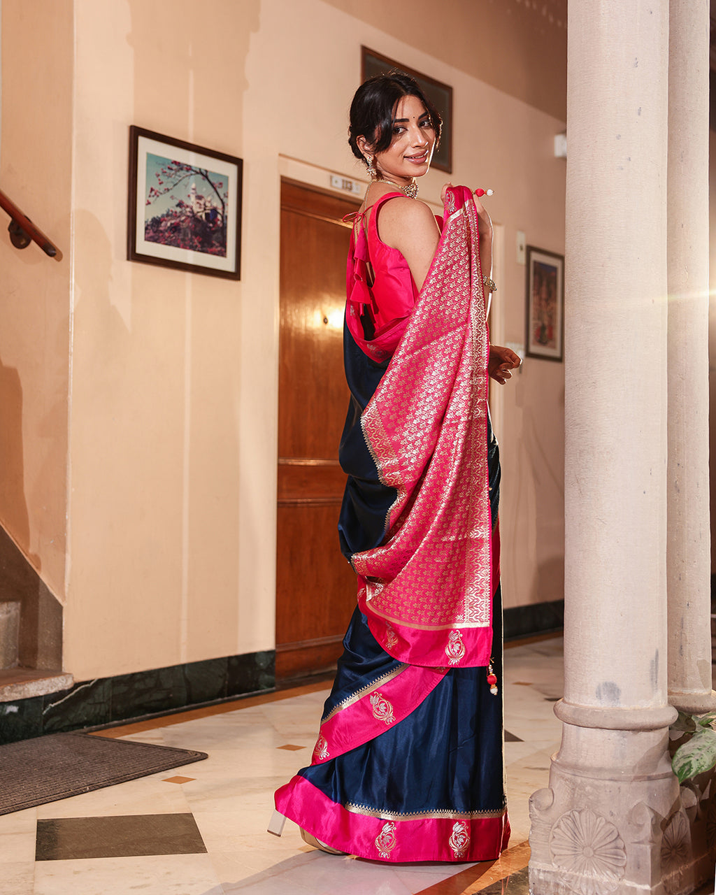 Navy Blue Magenta Border Soft Silk Saree