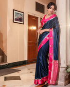 Navy Blue Magenta Border Soft Silk Saree