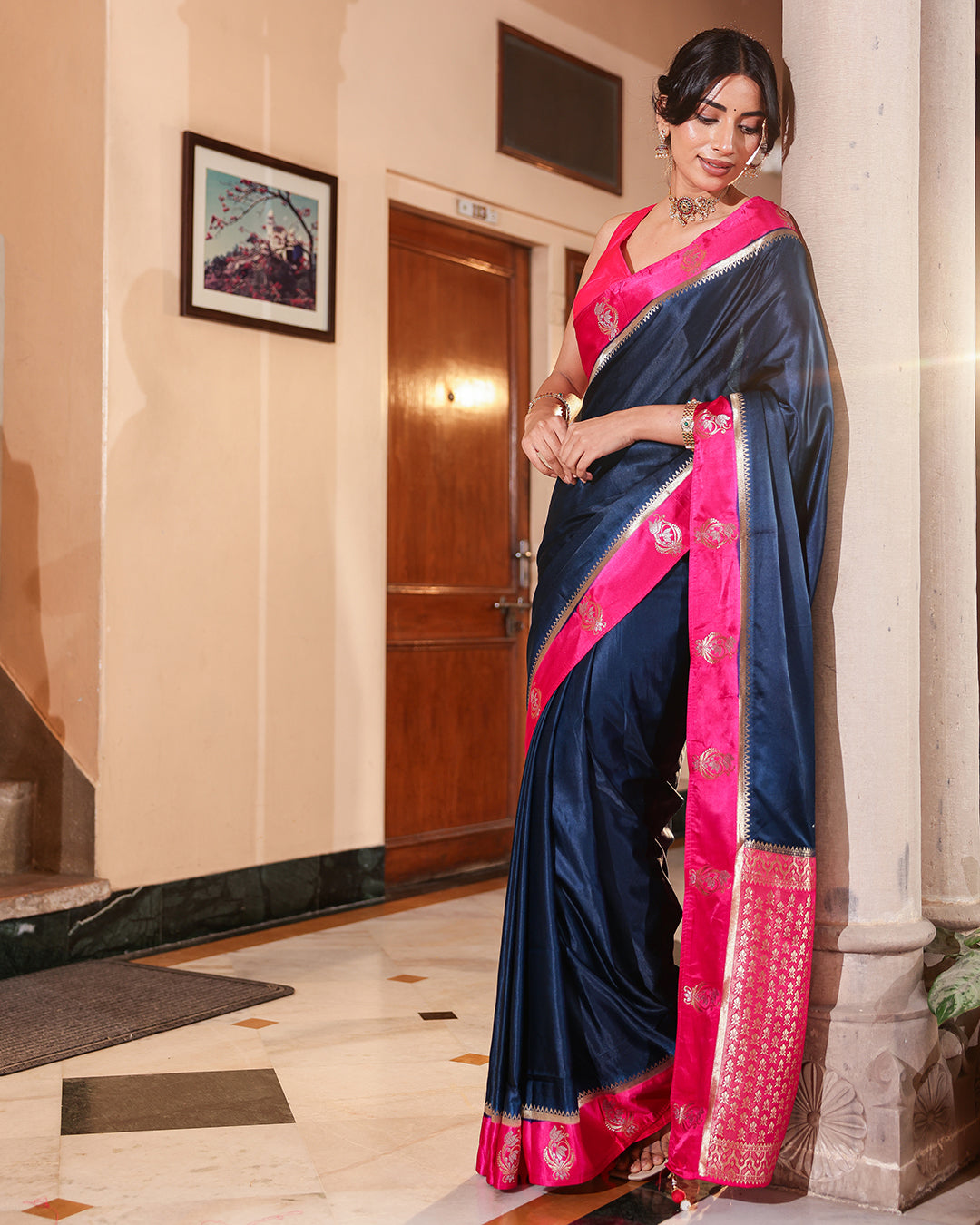 Navy Blue Magenta Border Soft Silk Saree