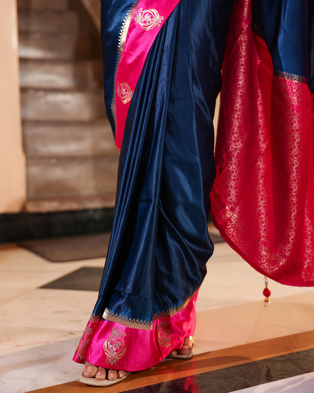 Navy Blue Magenta Border Soft Silk Saree