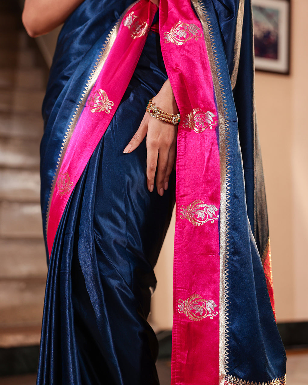 Navy Blue Magenta Border Soft Silk Saree