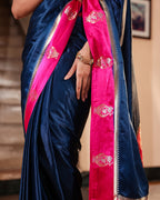 Navy Blue Magenta Border Soft Silk Saree
