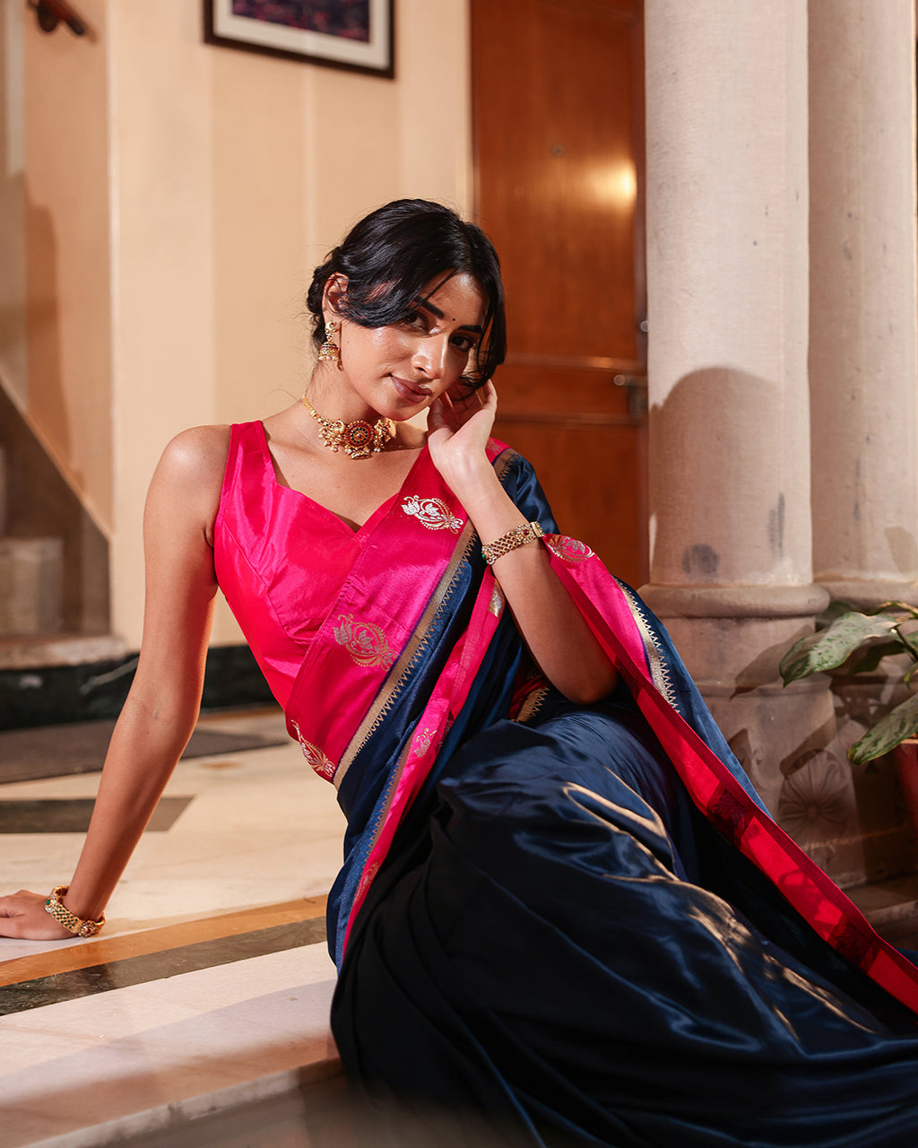 Navy Blue Magenta Border Soft Silk Saree