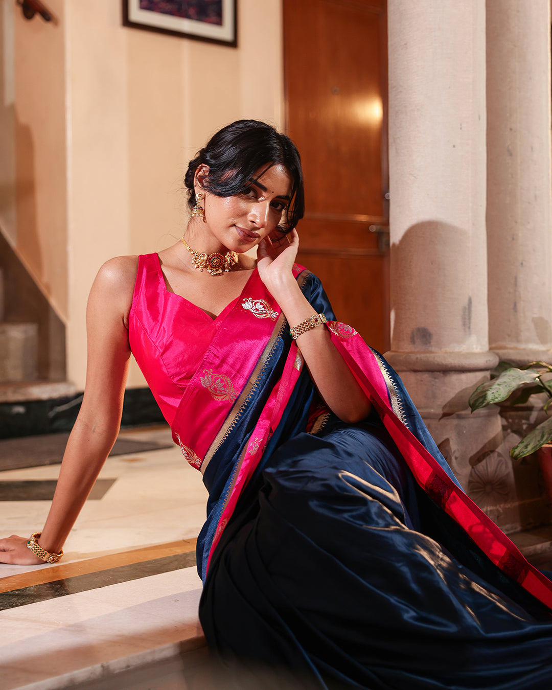 Navy Blue Magenta Border Soft Silk Saree