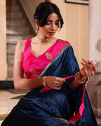 Navy Blue Magenta Border Soft Silk Saree