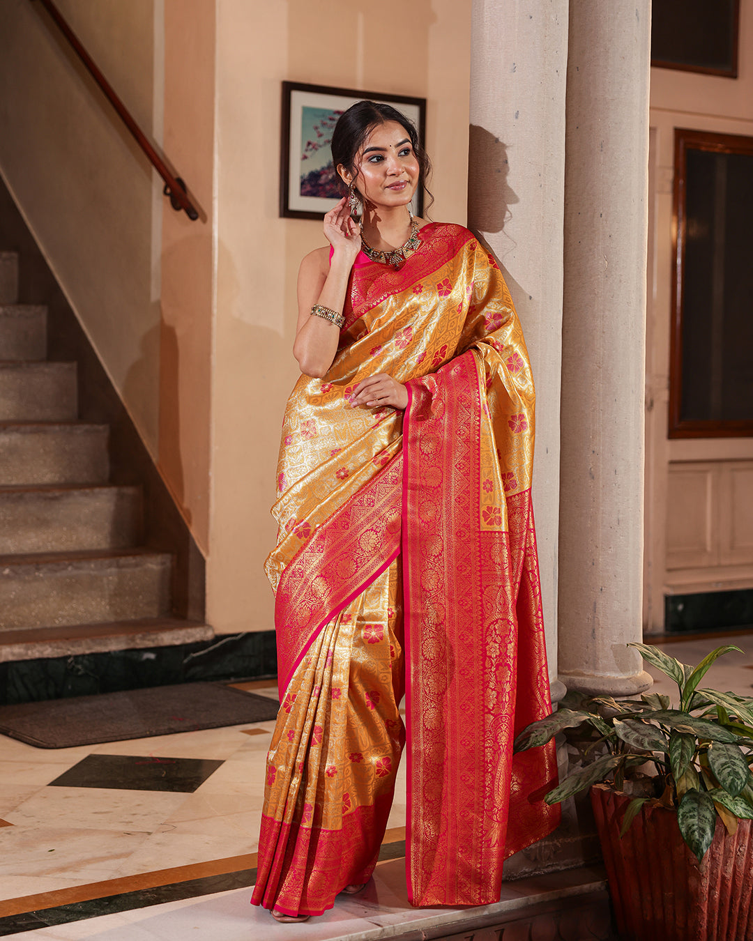 Yellow Pink Silk Saree