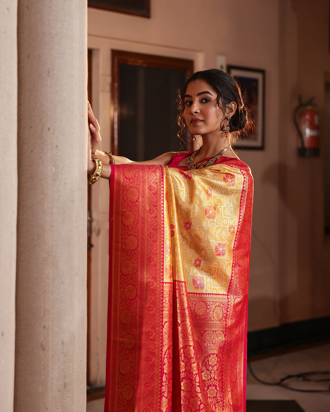 Yellow Pink Silk Saree
