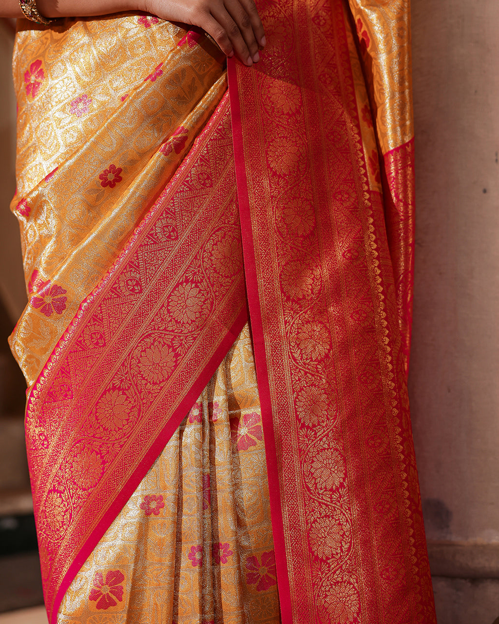 Yellow Pink Silk Saree
