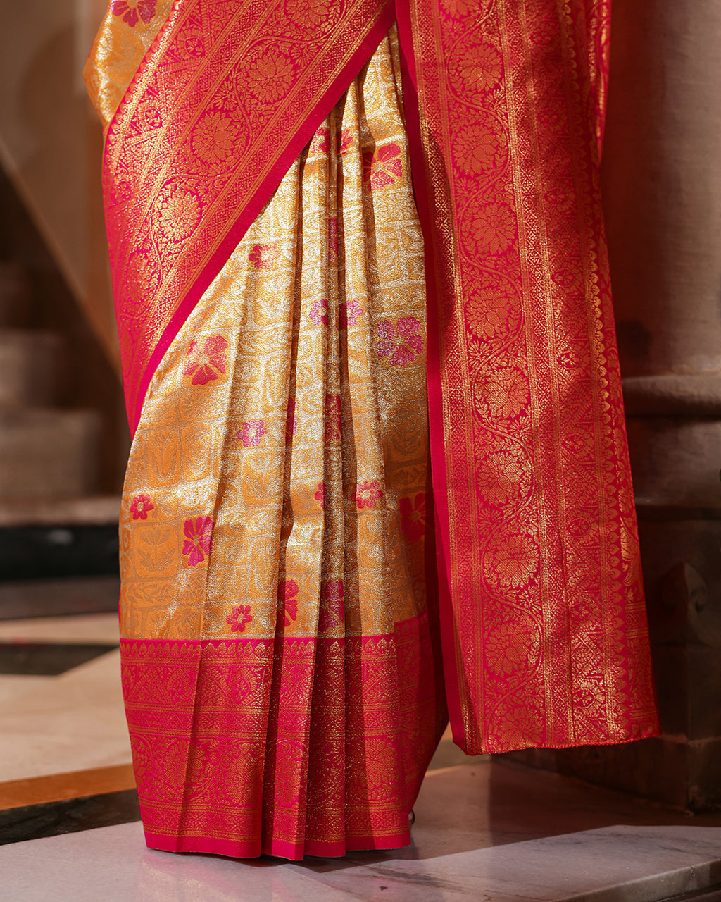 Yellow Pink Silk Saree