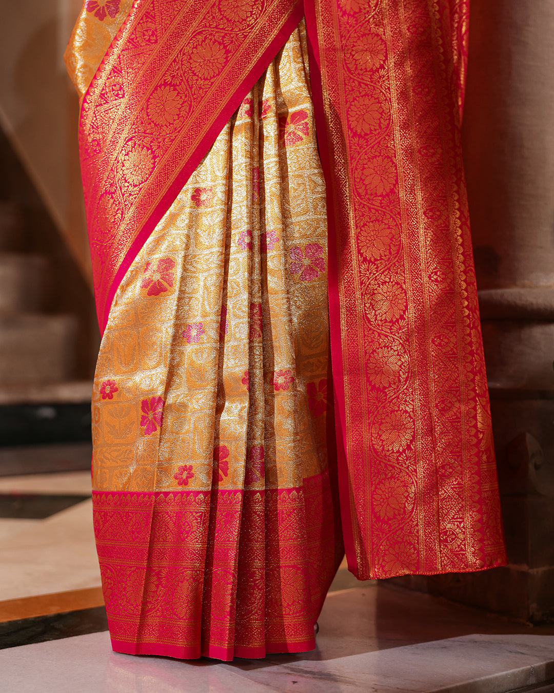 Yellow Pink Silk Saree