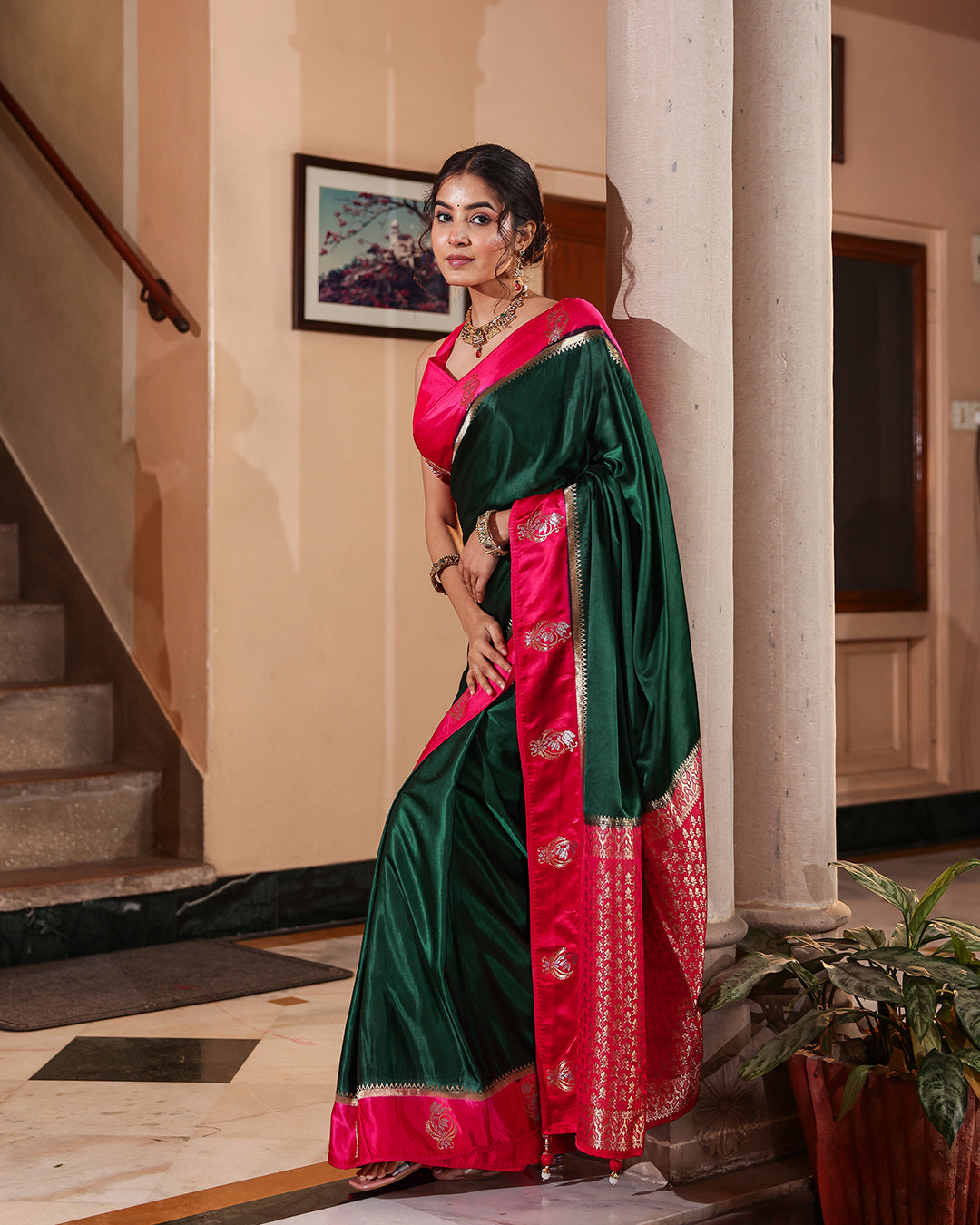 Evergreen Magenta Border Soft Silk Saree