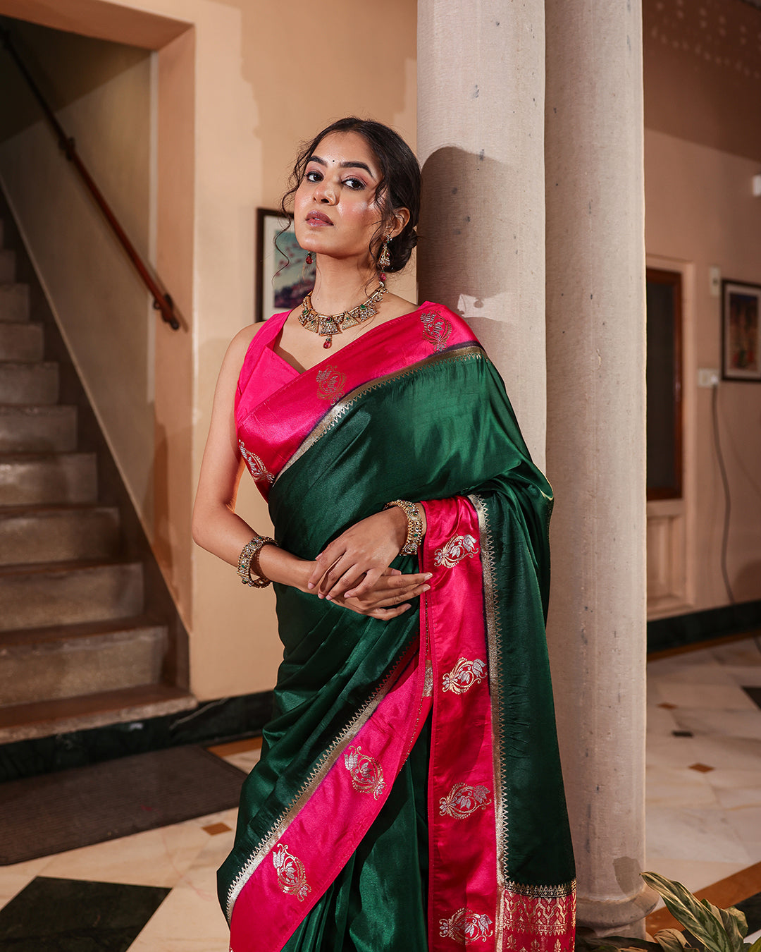 Evergreen Magenta Border Soft Silk Saree