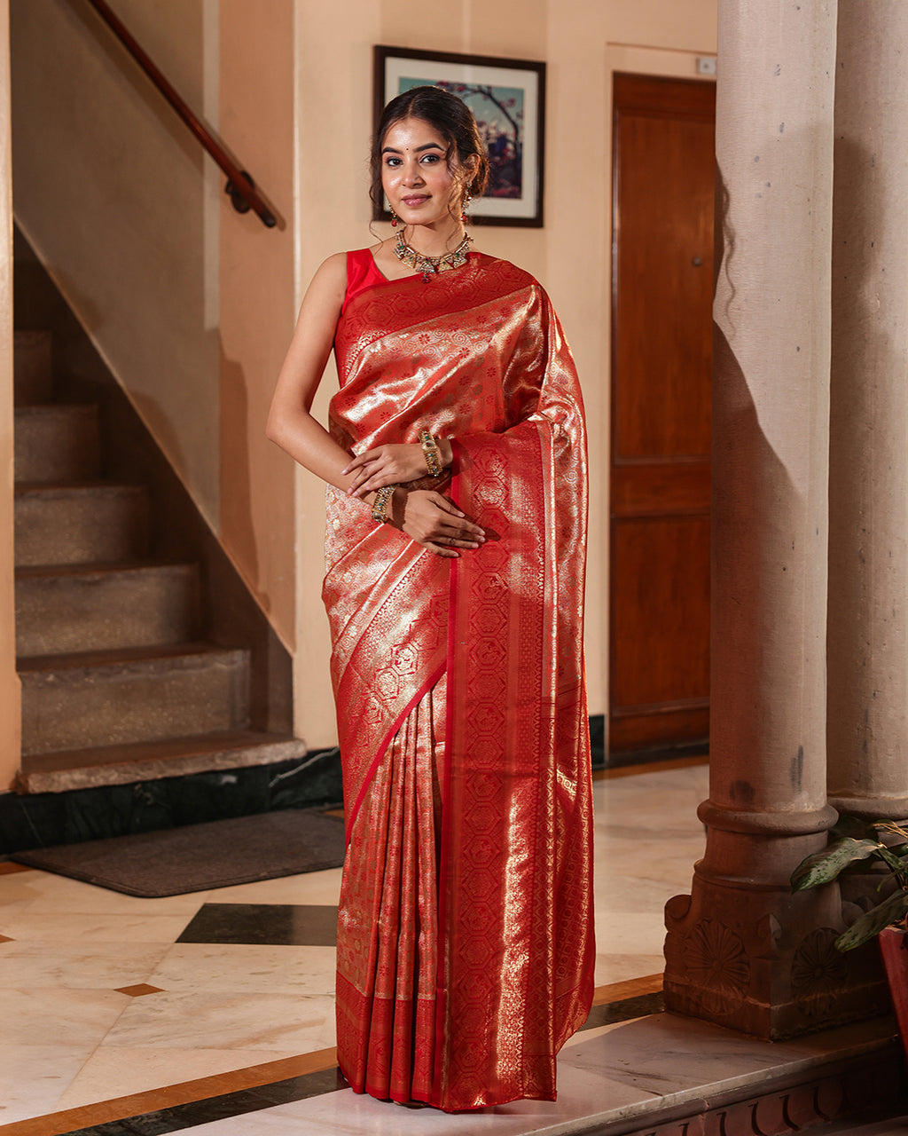 Regal Red Antique Gold Zari Silk Saree