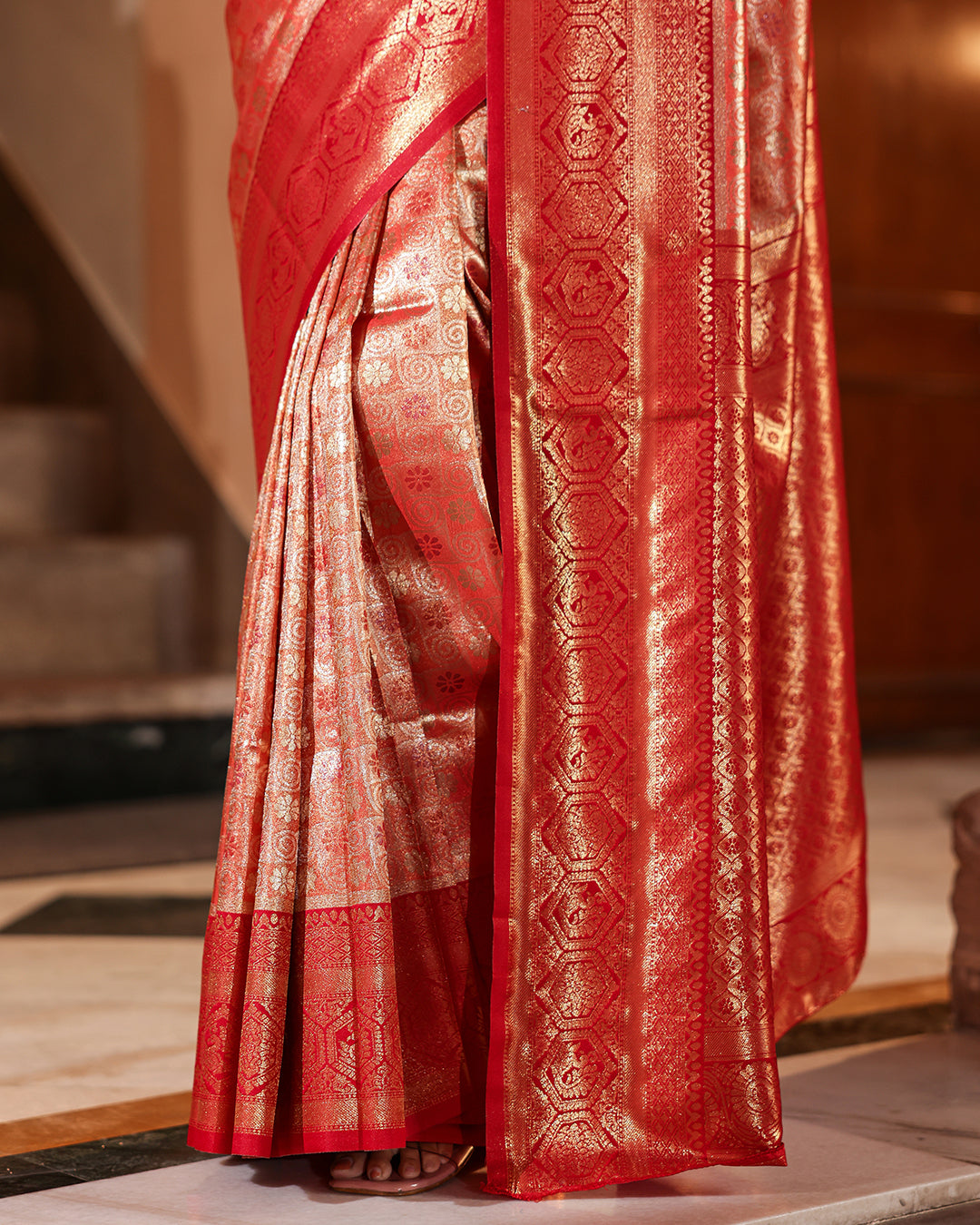 Regal Red Antique Gold Zari Silk Saree