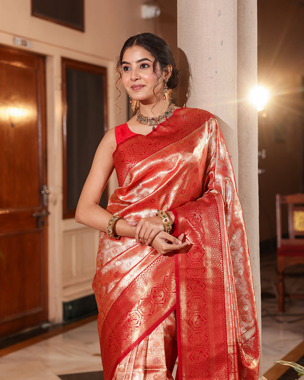 Regal Red Antique Gold Zari Silk Saree