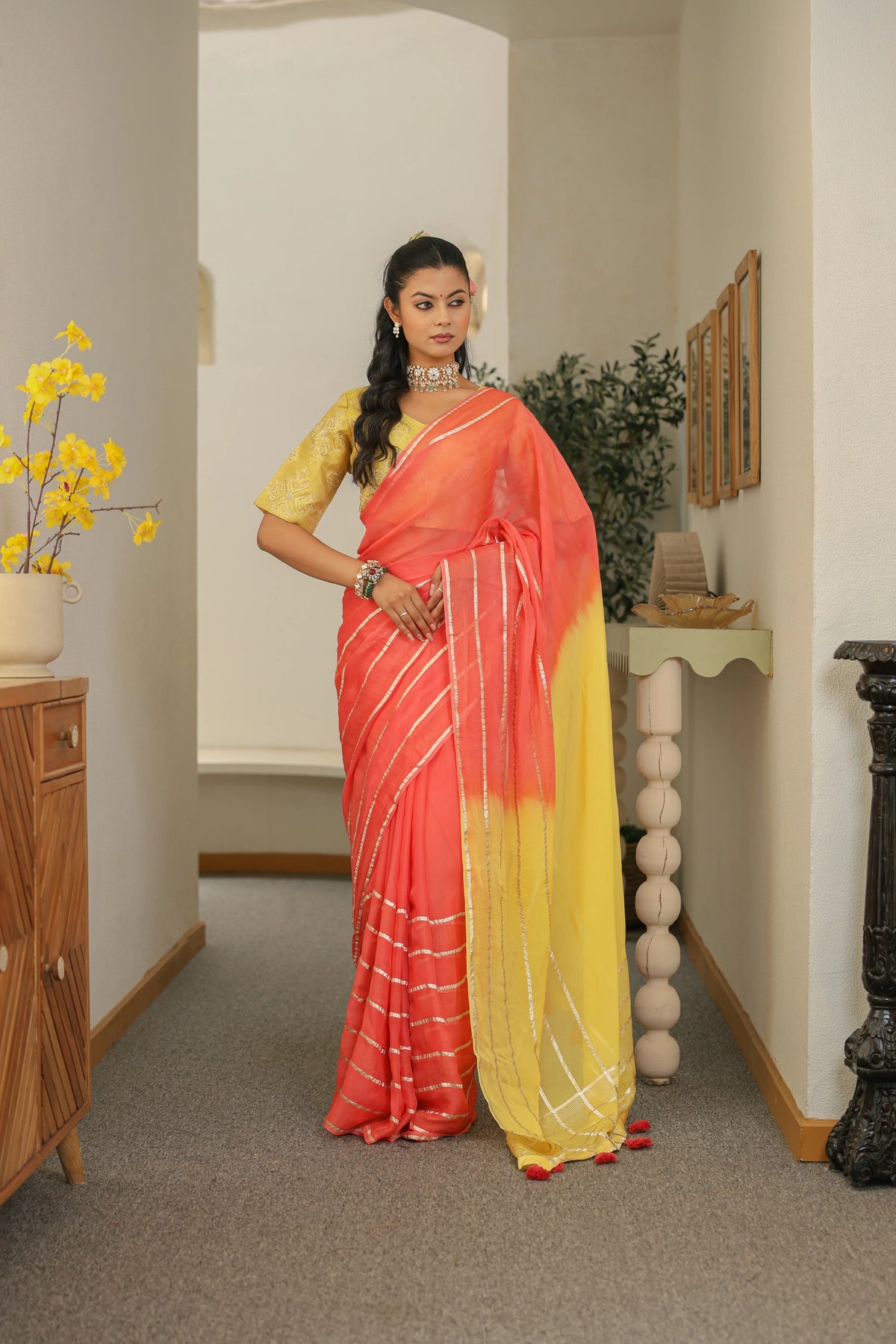 Peach Yellow Viscose Saree