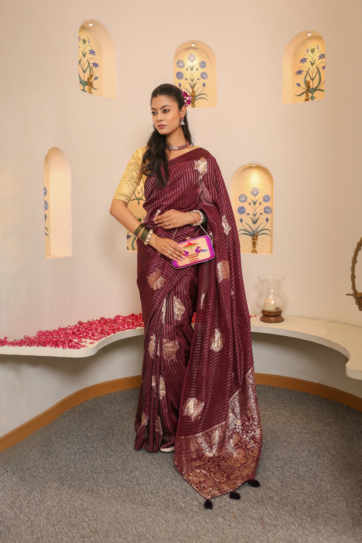 Wine Striped Crepe Silk Saree