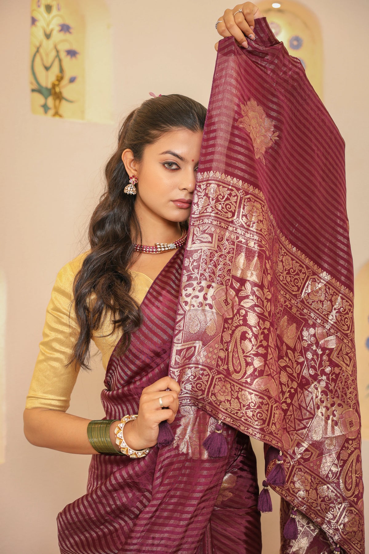 Wine Striped Crepe Silk Saree
