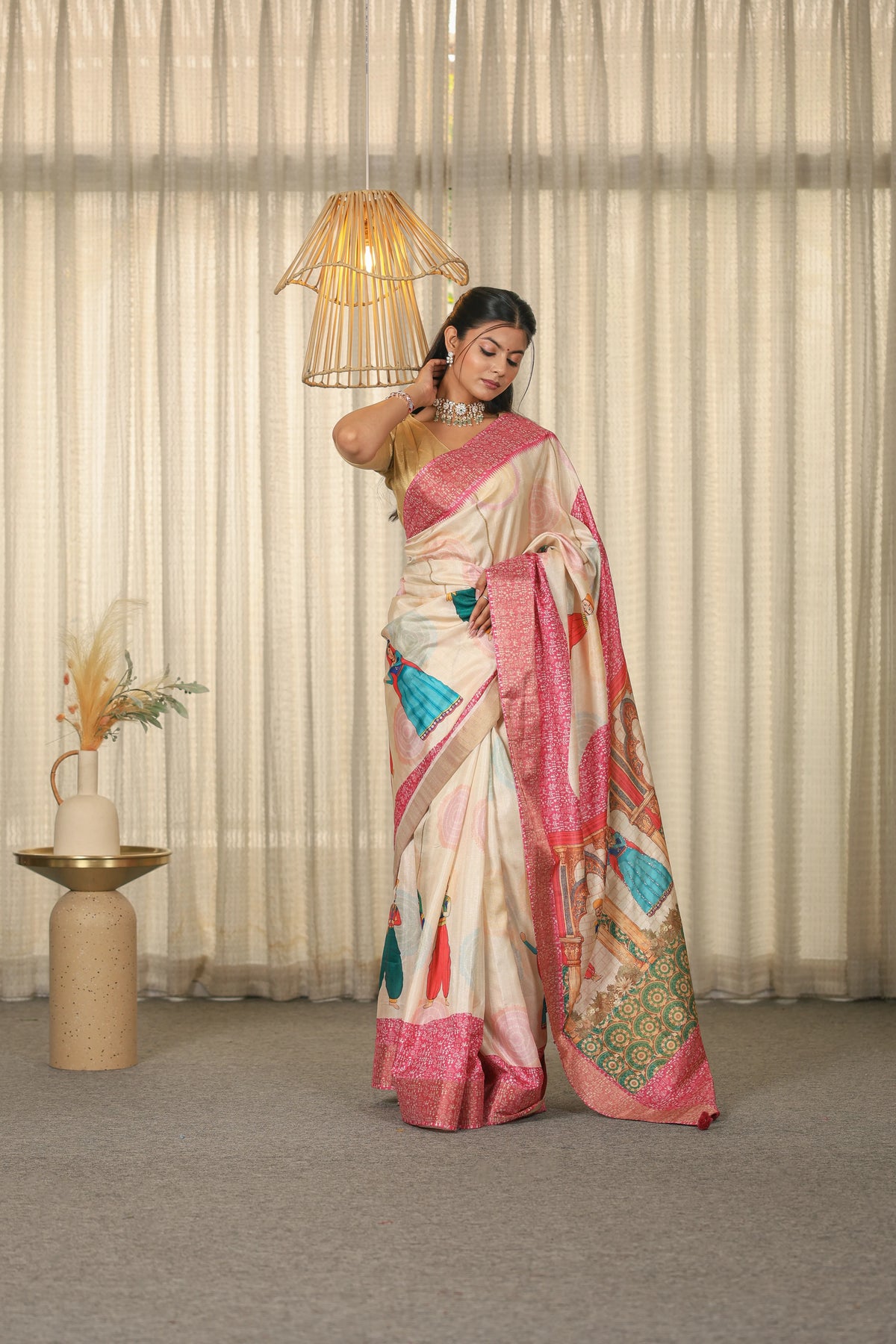 Off-White Pink Rajasthani Saree