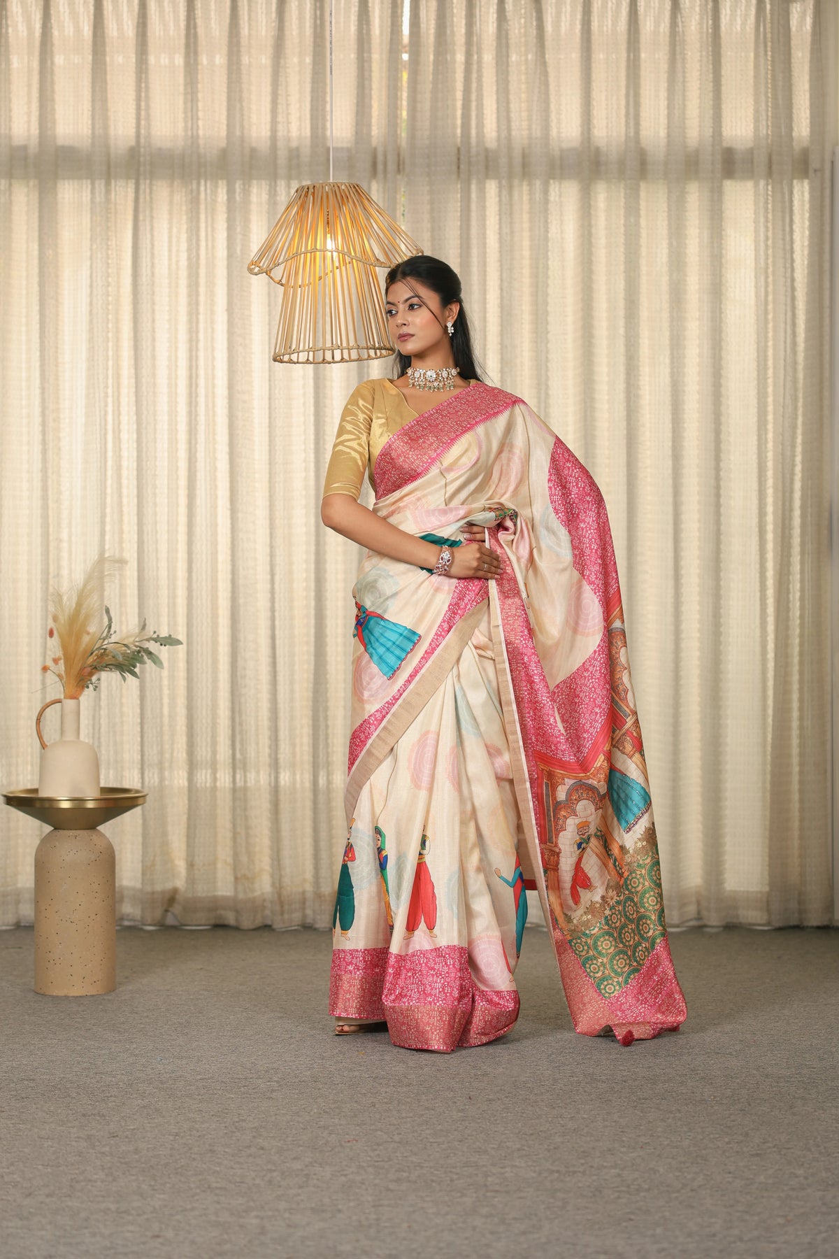 Off-White Pink Rajasthani Saree
