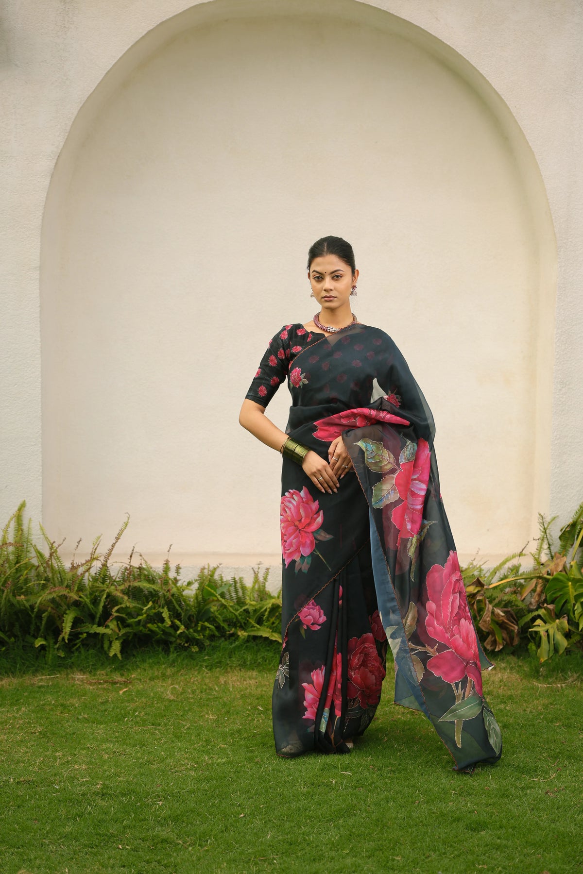 Black Floral Organza Saree