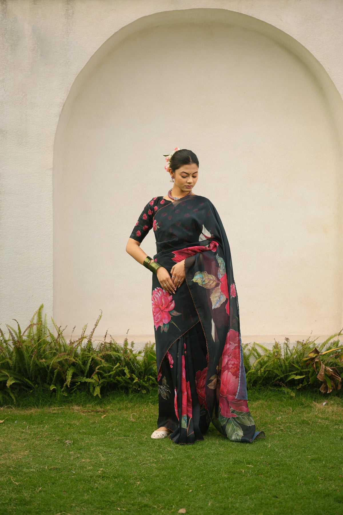 Black Floral Organza Saree