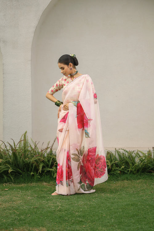 Beige Floral Organza Saree