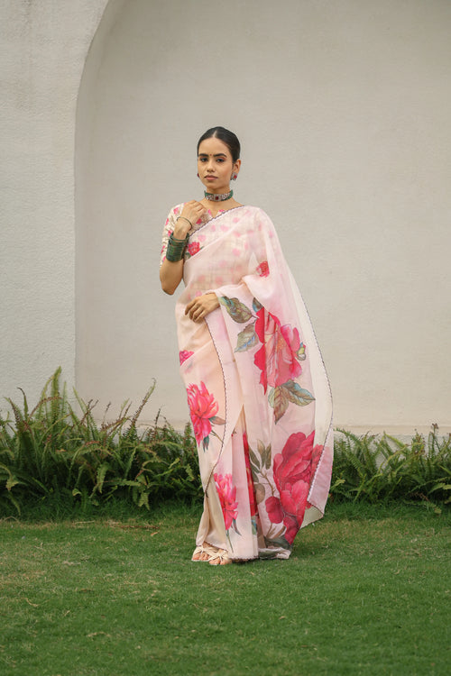 Beige Floral Organza Saree