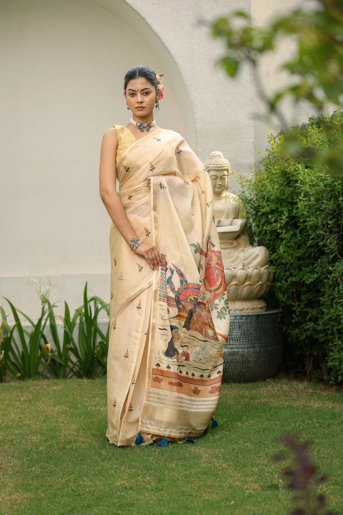 Beige Printed Banarasi Saree