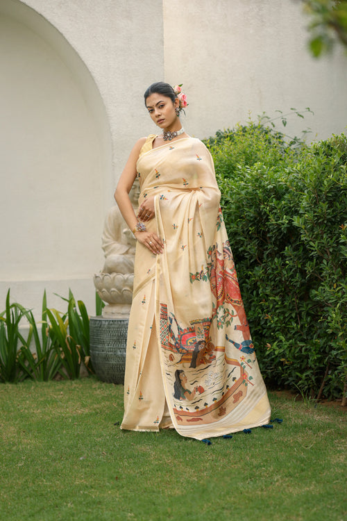 Beige Printed Banarasi Saree