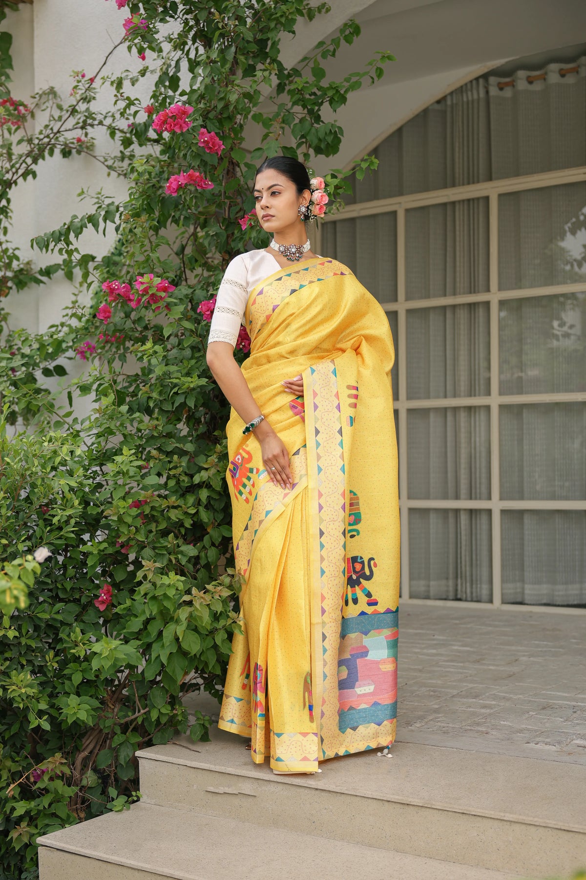 Yellow Elephant Motif Saree