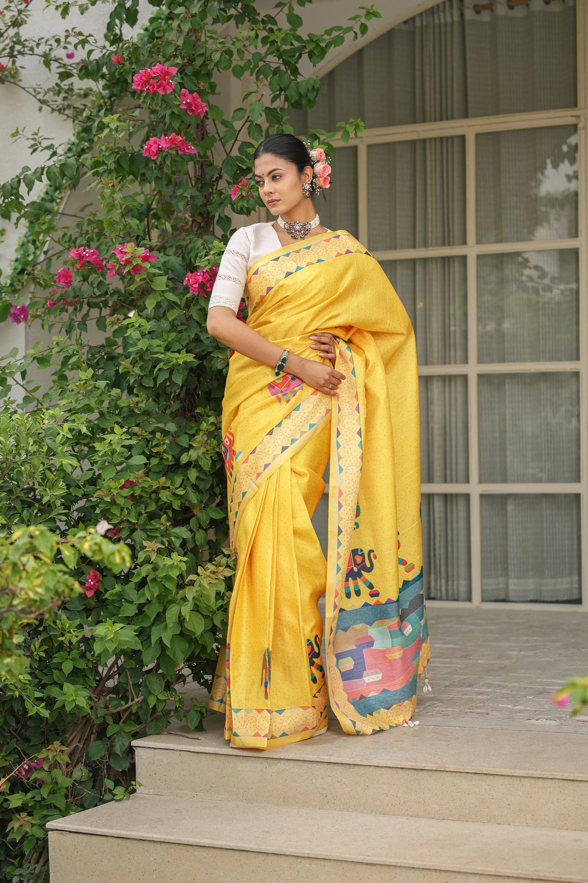 Yellow Elephant Motif Saree