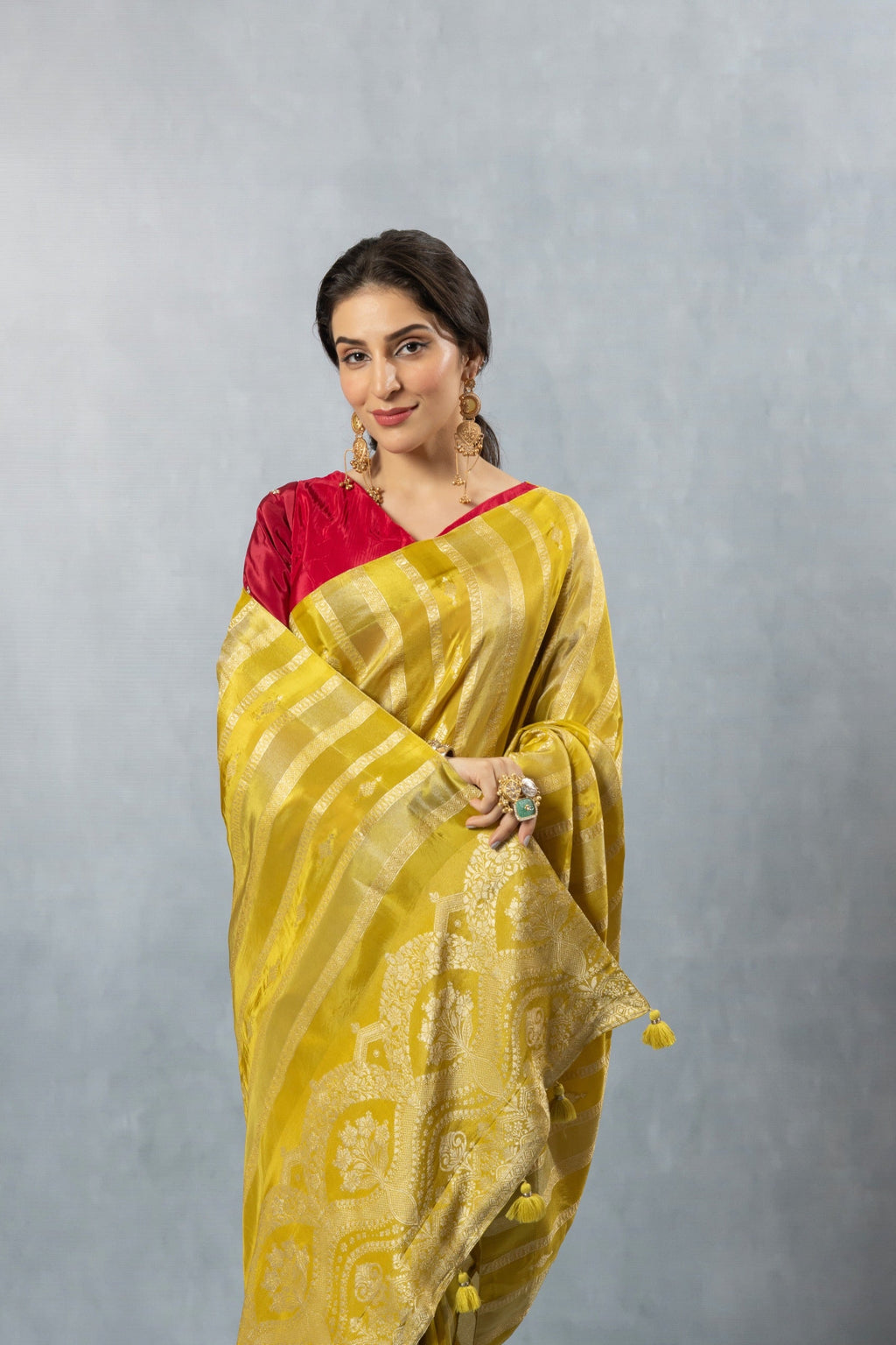 Lime Green Striped Zari Saree