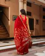 Red Swan Motif Silk Linen Saree