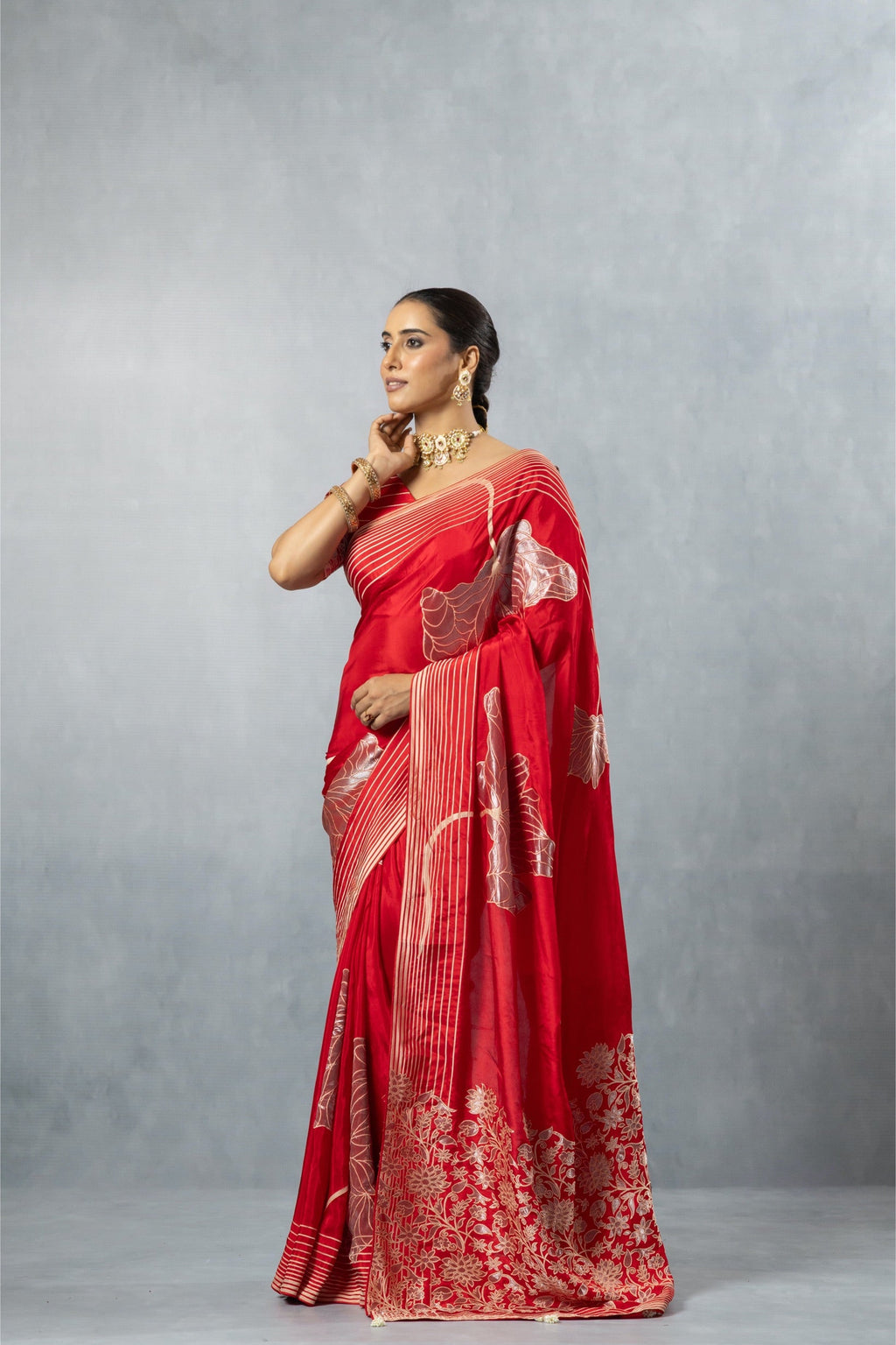 Deep Red Thread Work Silk Saree