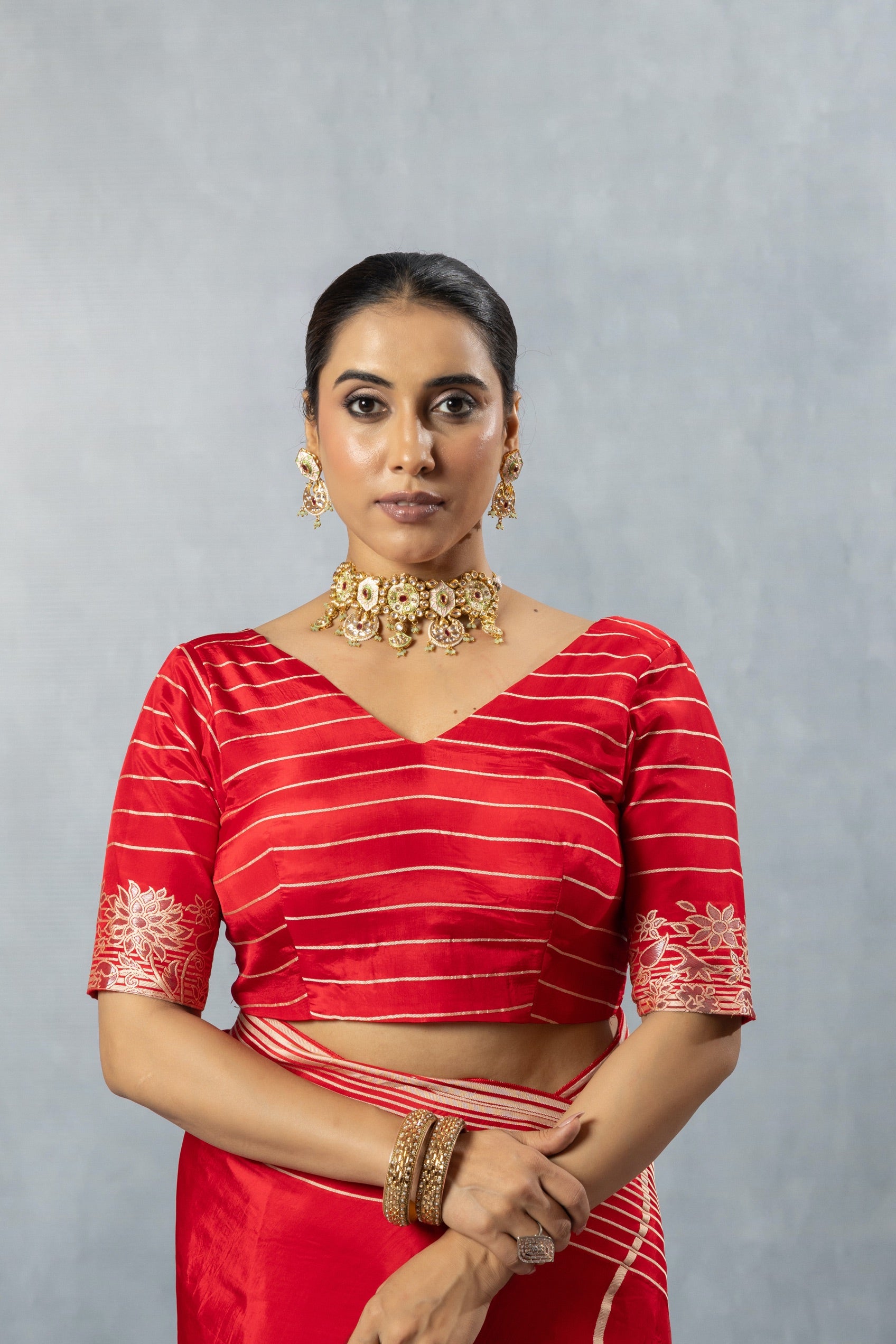 Deep Red Thread Work Silk Saree