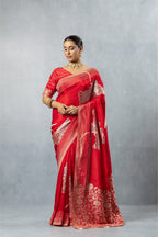 Deep Red Thread Work Silk Saree