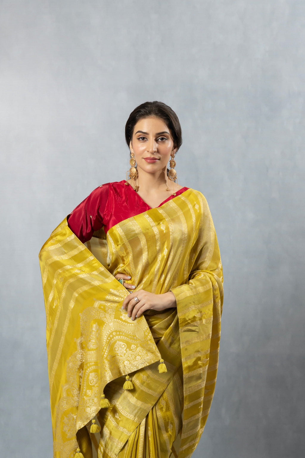 Lime Green Striped Zari Saree