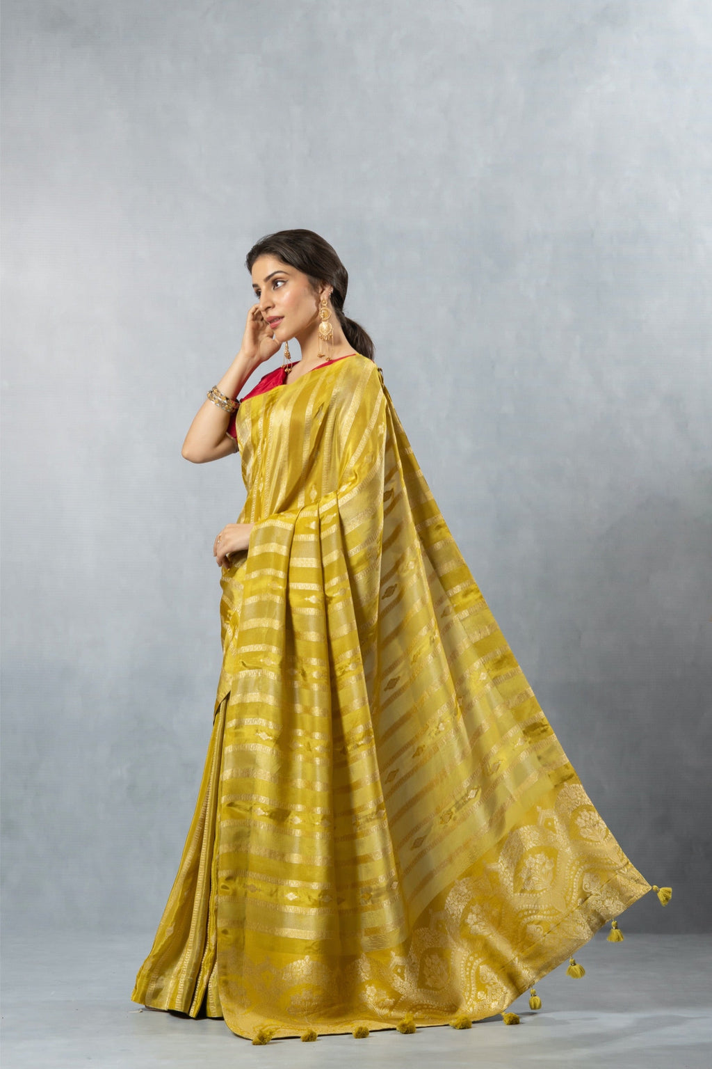Lime Green Striped Zari Saree