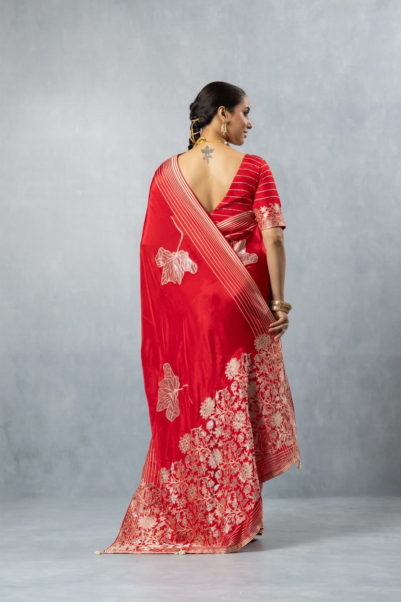 Deep Red Thread Work Silk Saree