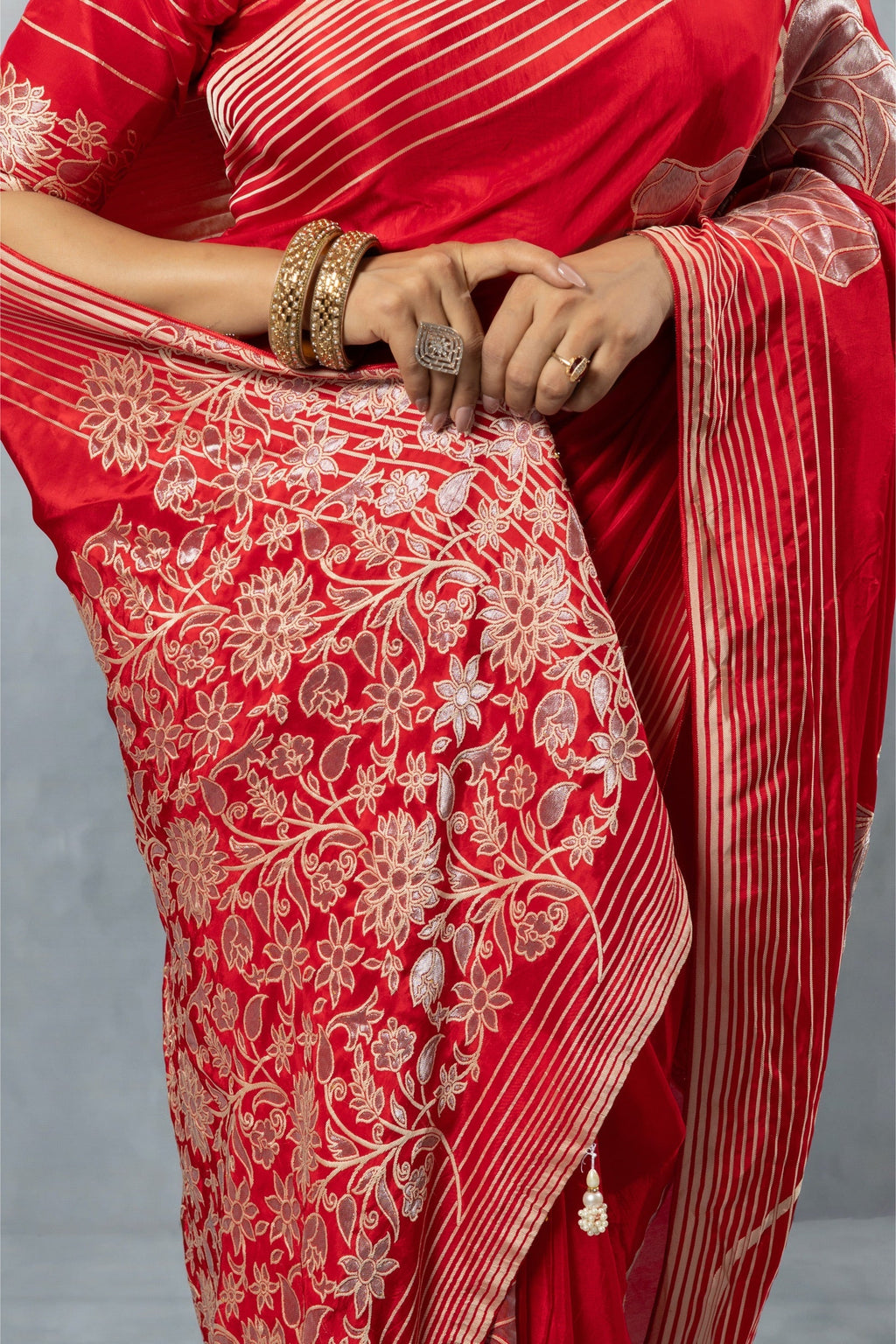 Deep Red Thread Work Silk Saree