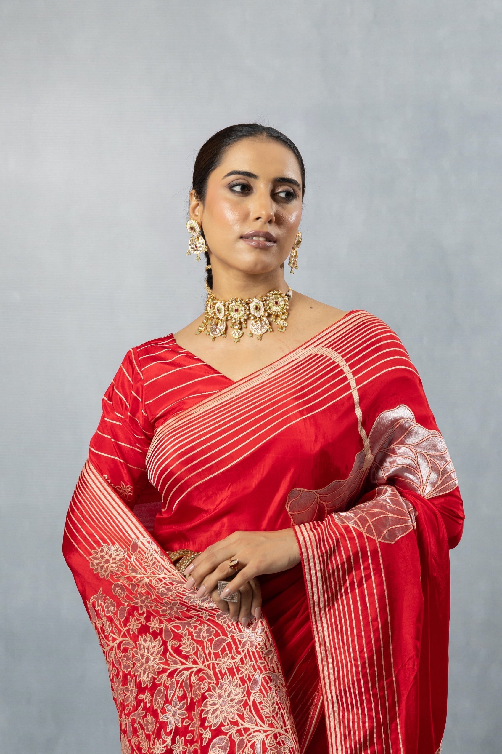 Deep Red Thread Work Silk Saree