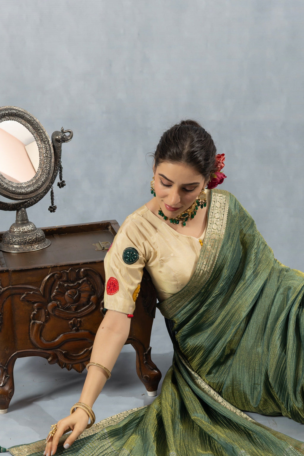 Green Crushed Tissue Silk Saree
