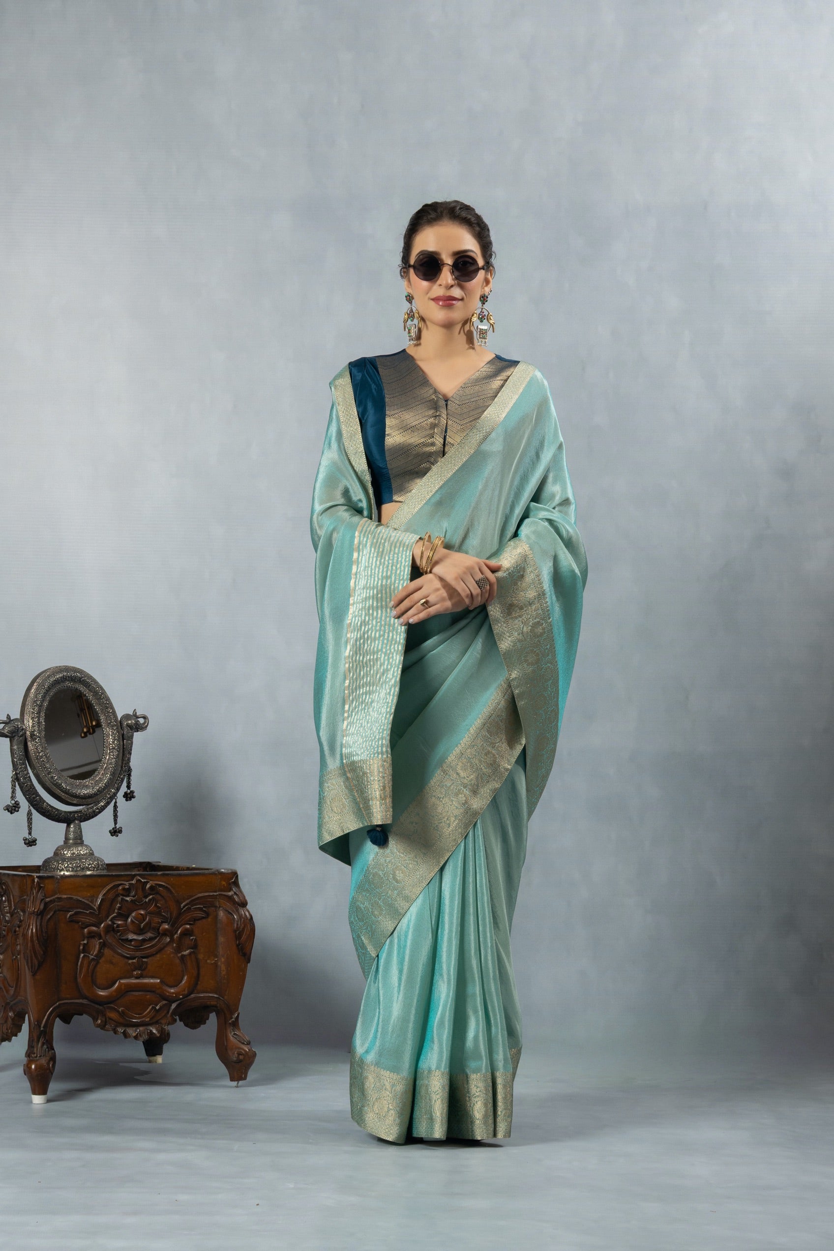 Aqua Blue Handwork Blouse Saree