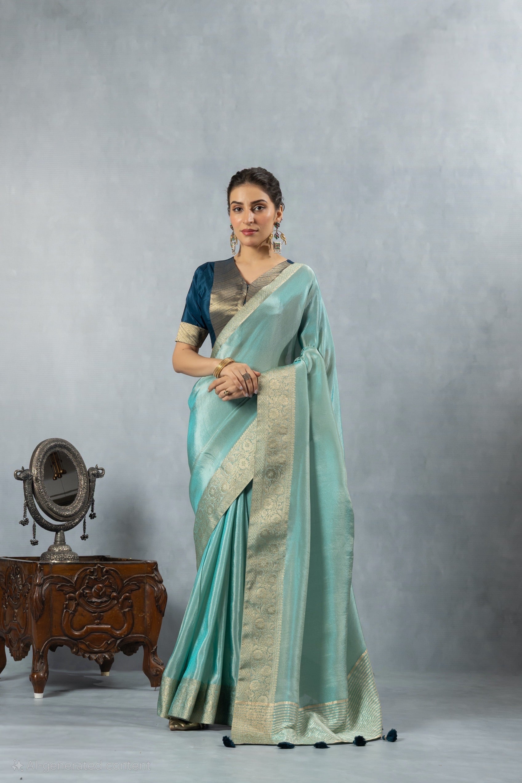 Aqua Blue Handwork Blouse Saree