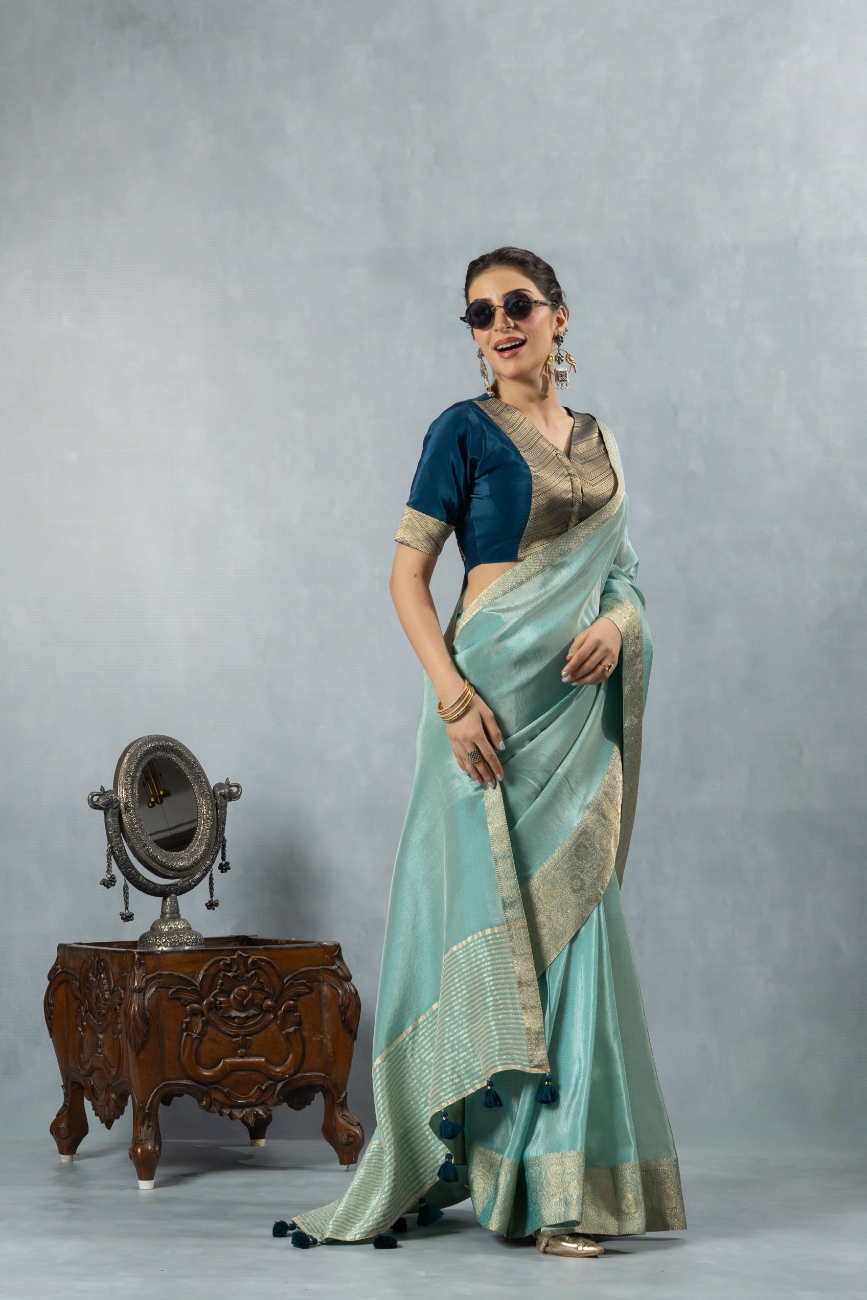 Aqua Blue Handwork Blouse Saree