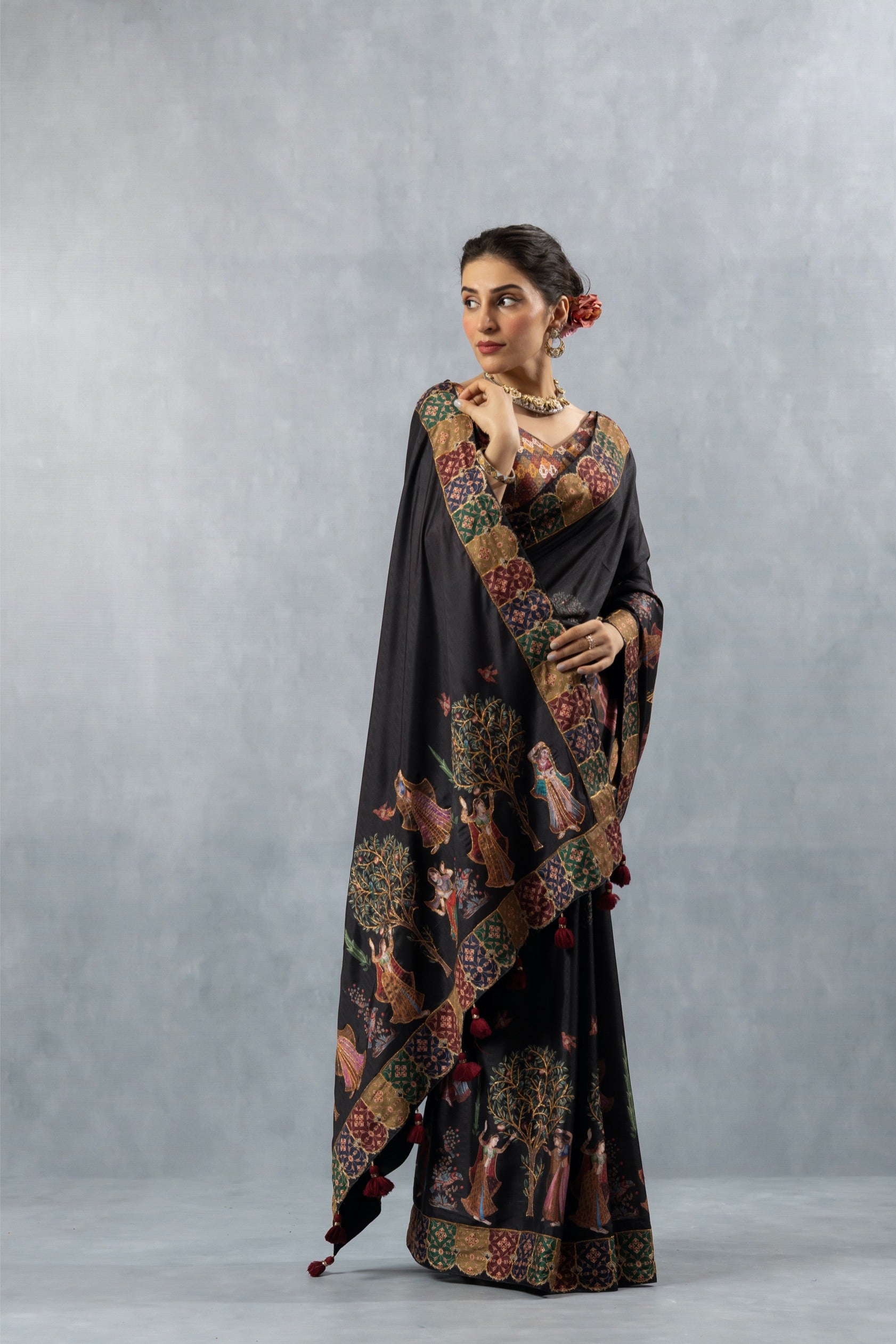 Black Printed Silk Blend Saree
