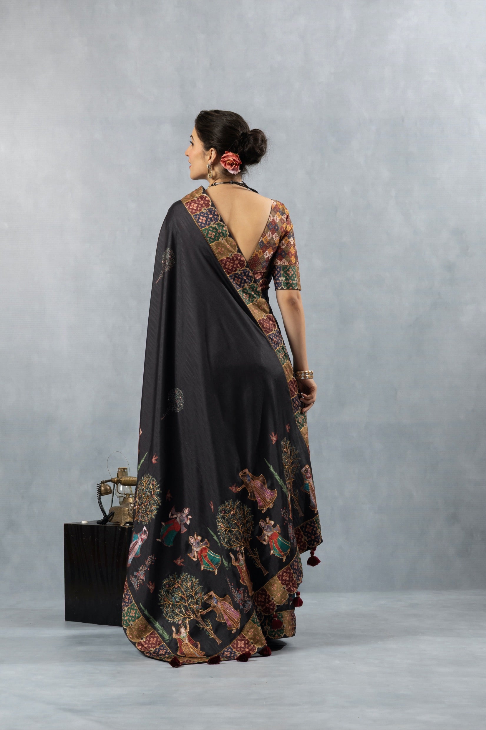 Black Printed Silk Blend Saree