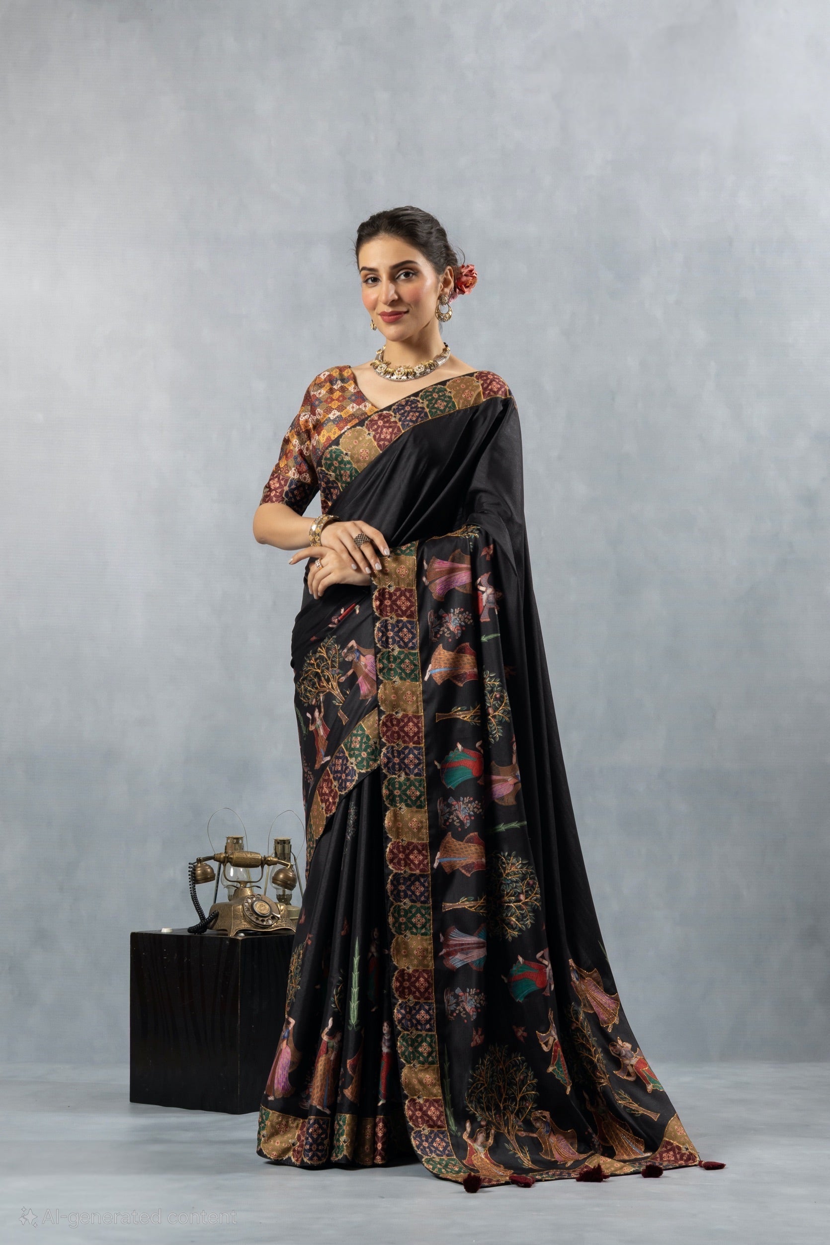 Black Printed Silk Blend Saree
